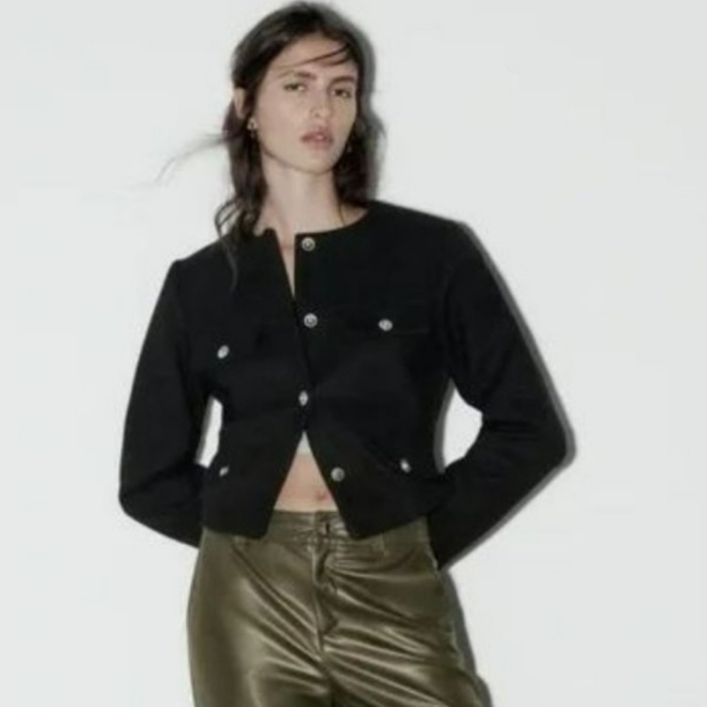 Zara Black Tweed Jacket with Gold Buttons NWOT